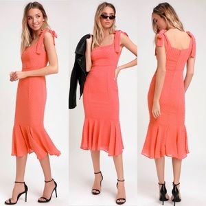 Lulu’s Bimini Coral Pink Swiss Dot Tie-Strap dress